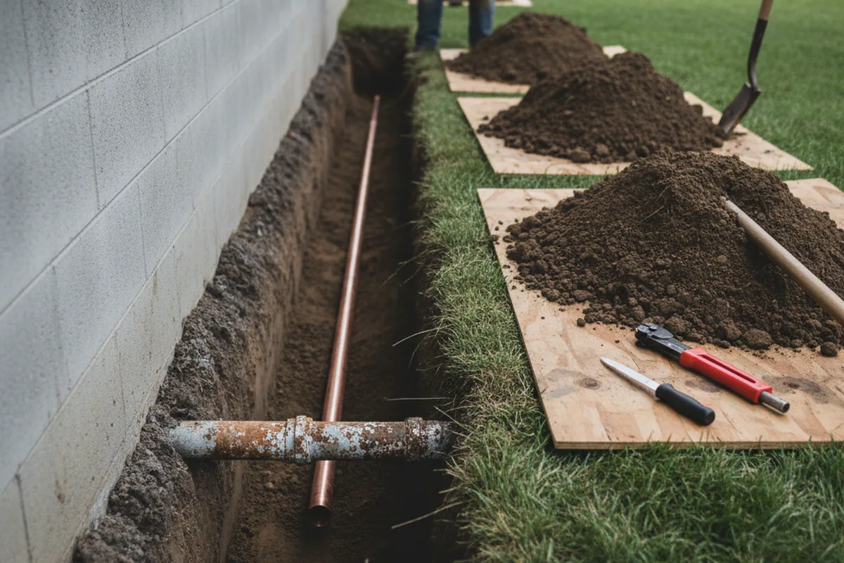 Excavated water line trench during Water Softener Installation in Barclay
